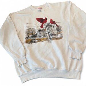 Vintage Hanes Winter White & Red Cadinal Birds Grandma Cottagecore Sweatshirt M